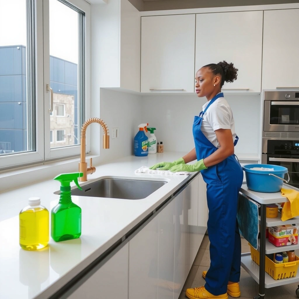 Professional cleaner using eco-friendly products in modern kitchen